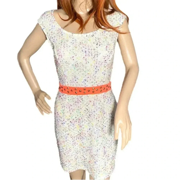 Solemio Confetti Textured Cocktail Dress Sz M Short Sleeve Mini Low Back Party - Picture 3 of 12